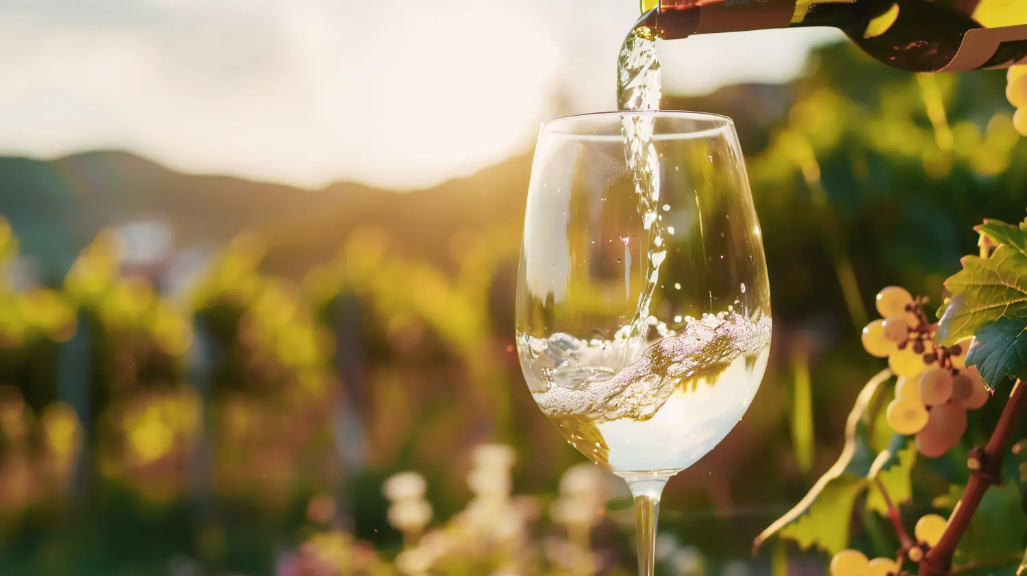 Weinglas mit eingegossenem Weißwein und sonniger Weinberglandschaft